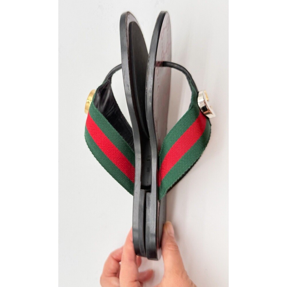 Gucci Kika GG Web Stripe Thong Sandals Black Red Flip Flop Flats EU 37.5 US 7.5 - Picture 5 of 13